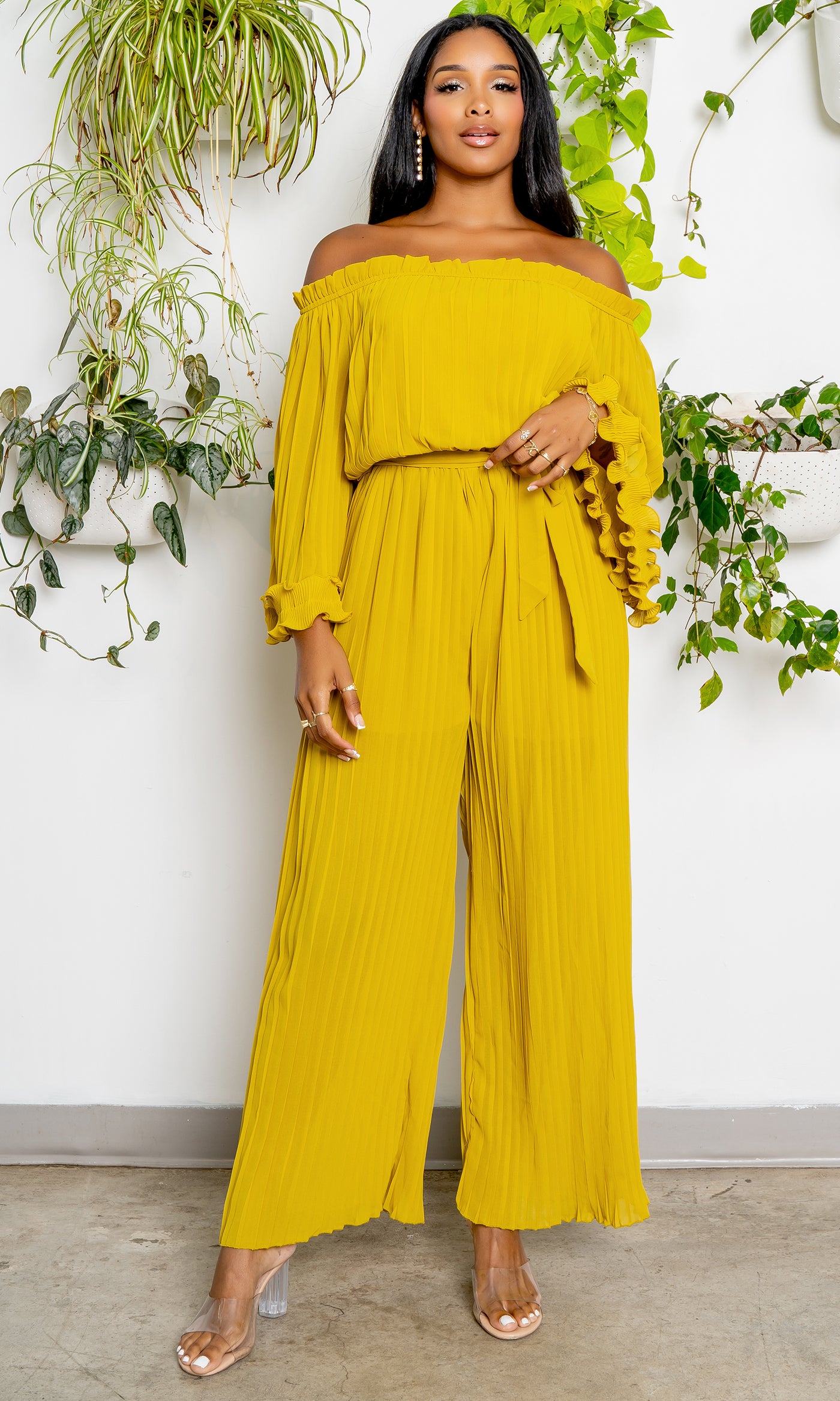 Off The Shoulder Pleated Chiffon Jumpsuit PREORDER Ships Mid September - Cutely Covered