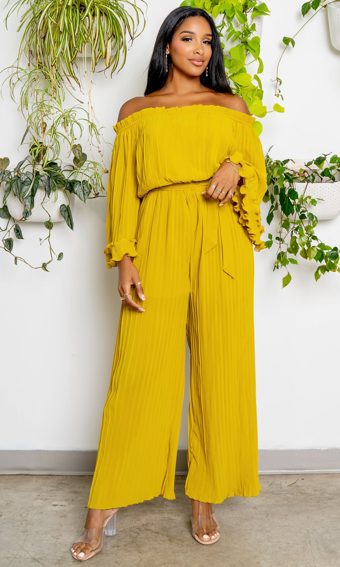 Off The Shoulder Pleated Chiffon Jumpsuit PREORDER Ships Mid September - Cutely Covered