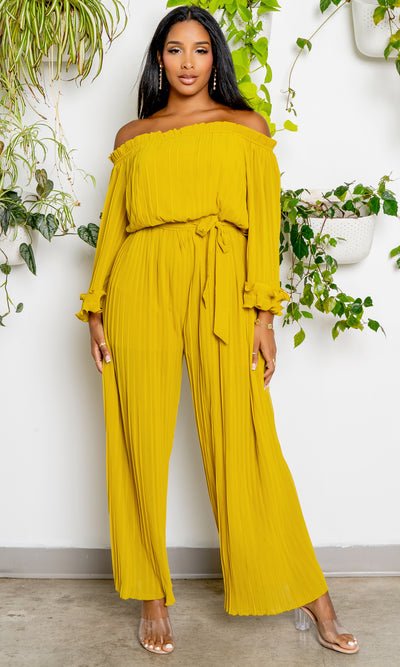 Off The Shoulder Pleated Chiffon Jumpsuit PREORDER Ships Mid September - Cutely Covered