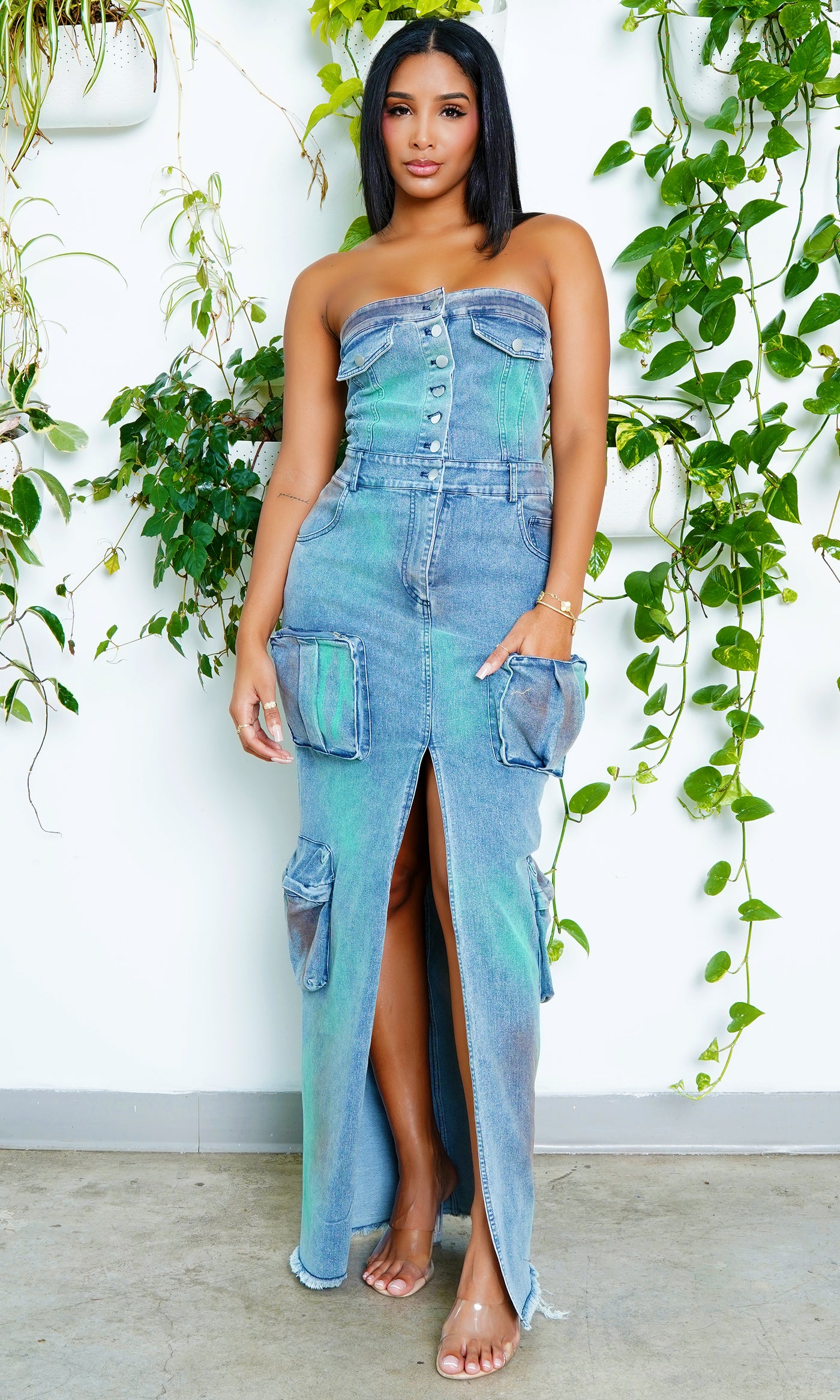 Denim Desire  | Denim Center Split Maxi Dress - Cutely Covered