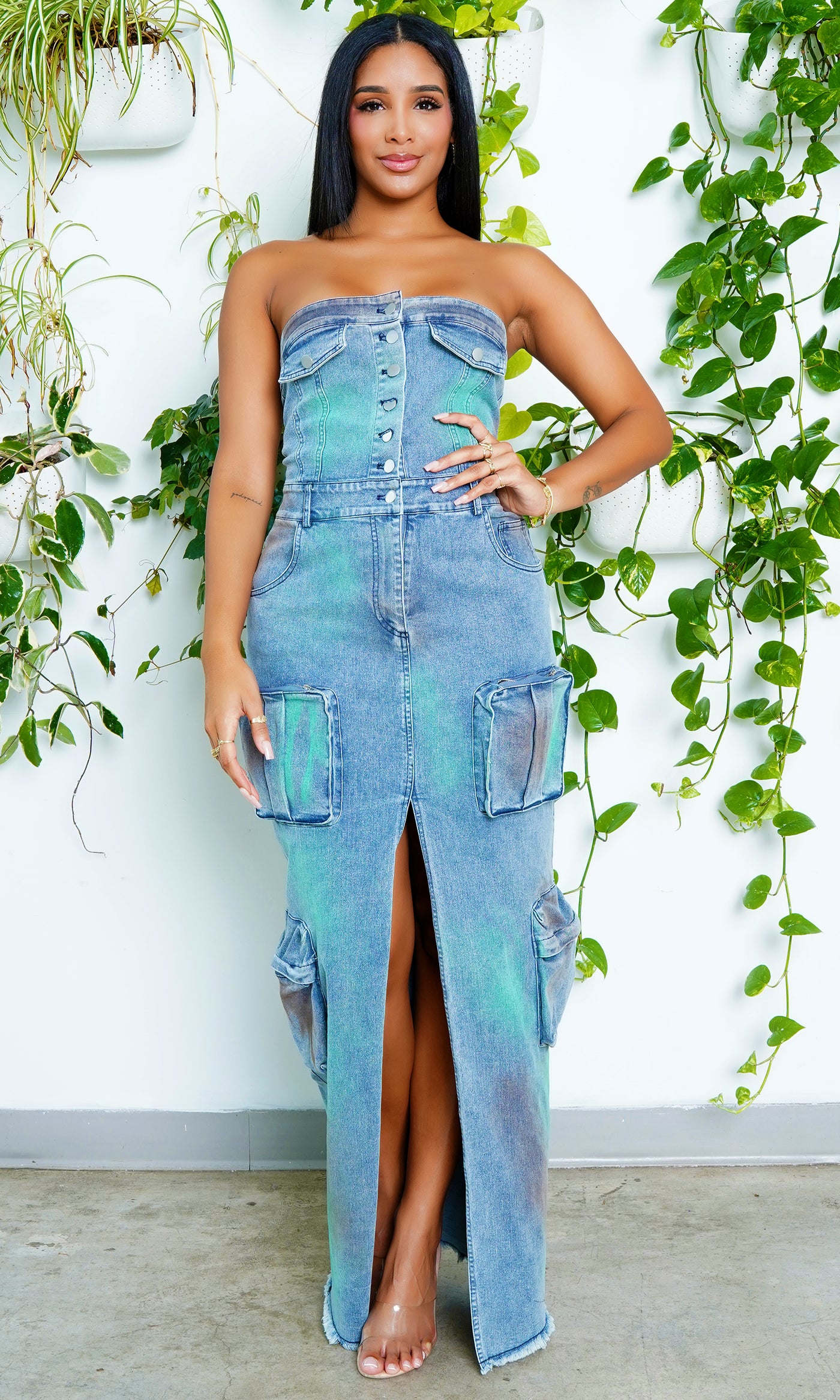 Denim Desire  | Denim Center Split Maxi Dress - Cutely Covered