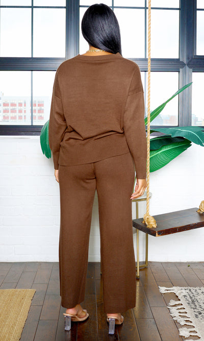 Crew Neck Sweater & Wide-Leg Pants - Brown