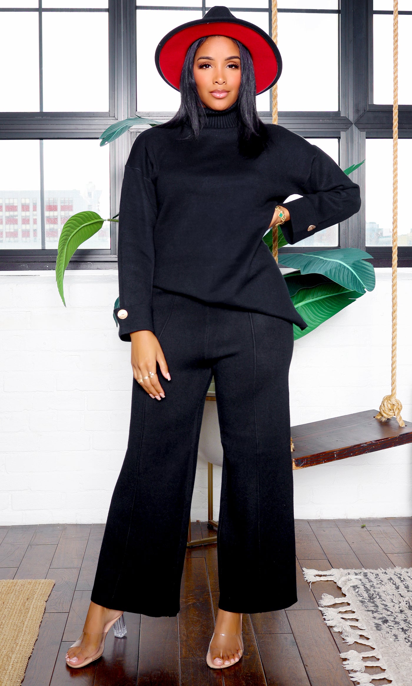 2Thique | Ribbed Mock Turtle Neck Set with Cuff Button Detail - Black