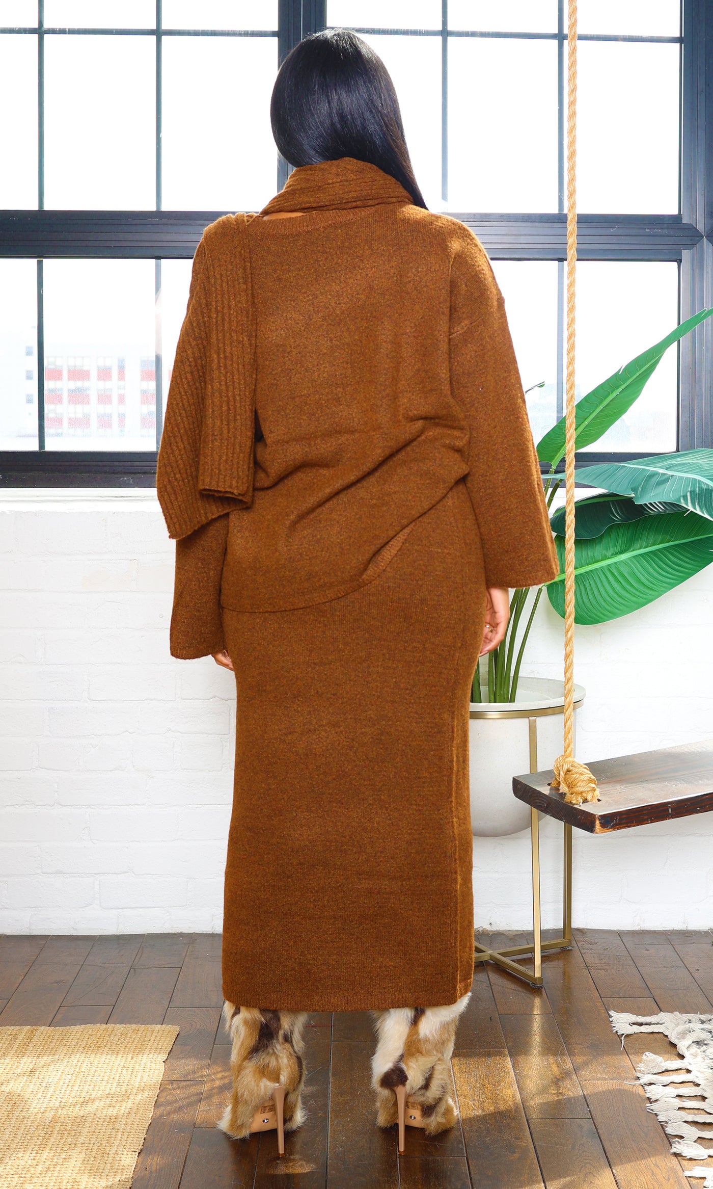 Hallie | Crew Neck Drop-Shoulder Sweater & Ribbed Scarf  Skirt Set- Mocha