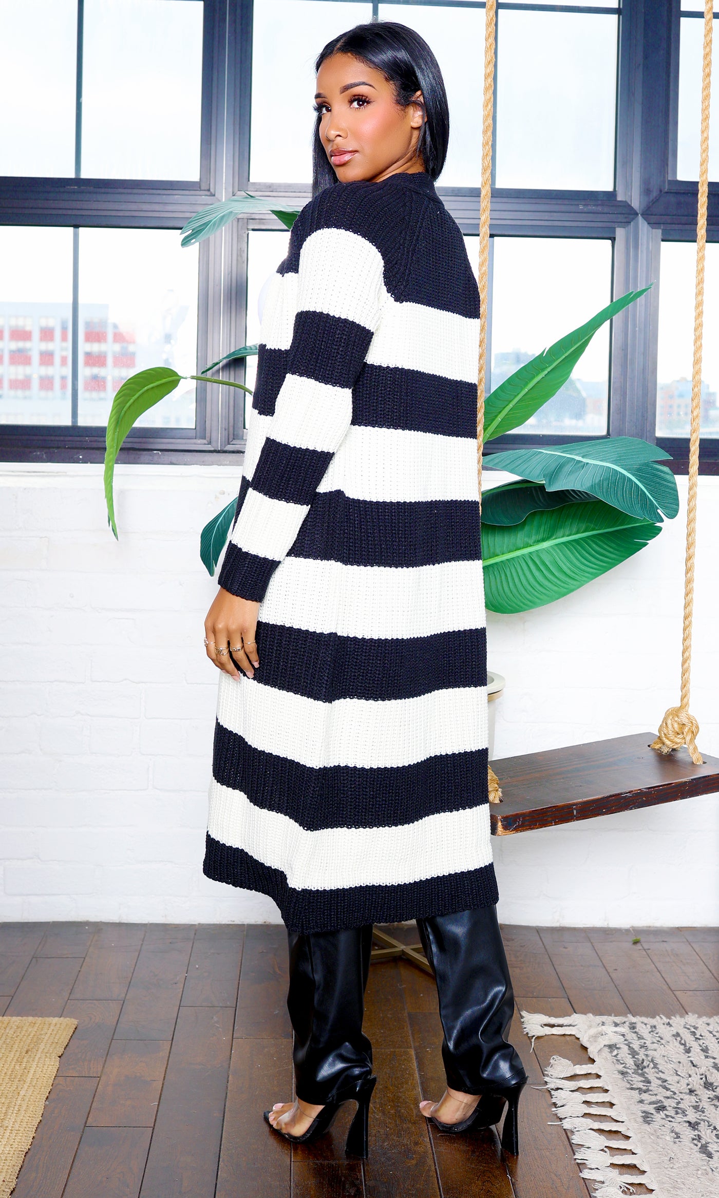 Margot | Stripe Knit Long Sleeve Duster Cardigan - Black/Ivory