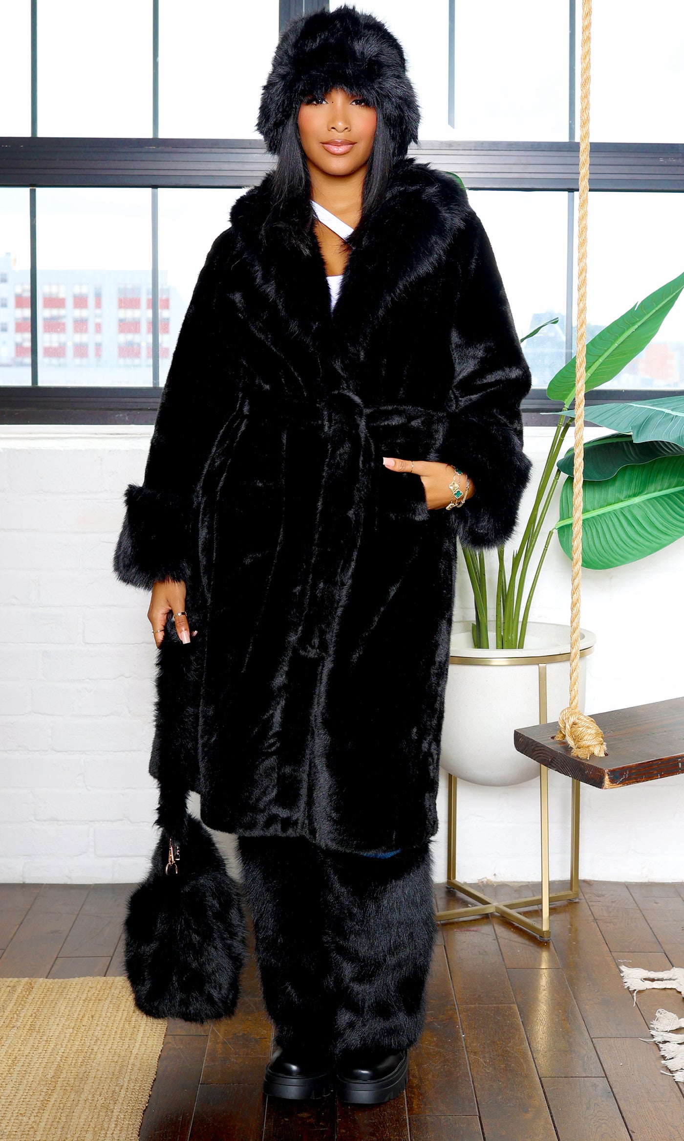 X Long Faux Fur Coat - Black