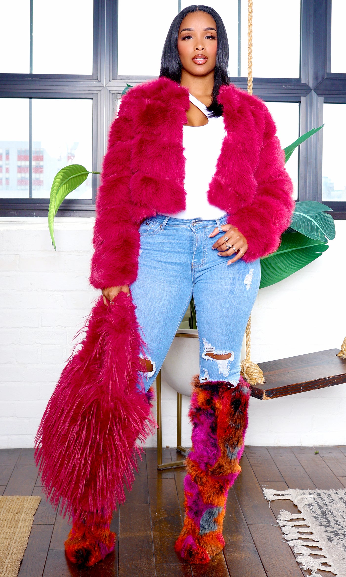 Faux Fur Zip Up Jacket  - Magenta