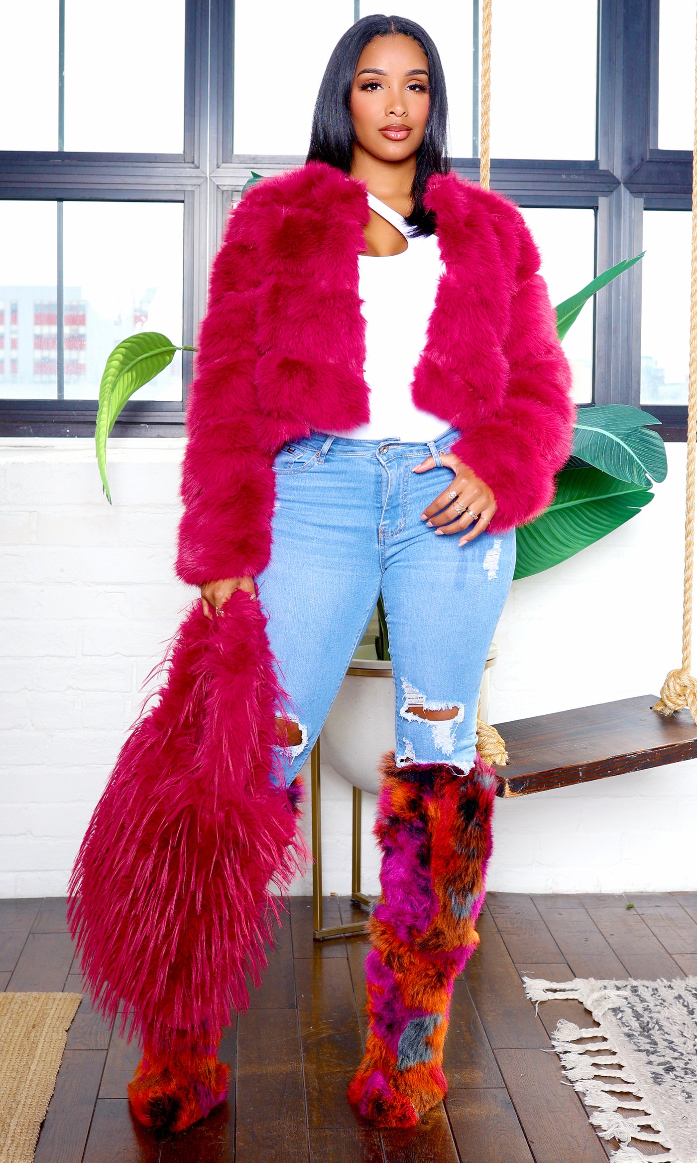 Faux Fur Zip Up Jacket  - Magenta