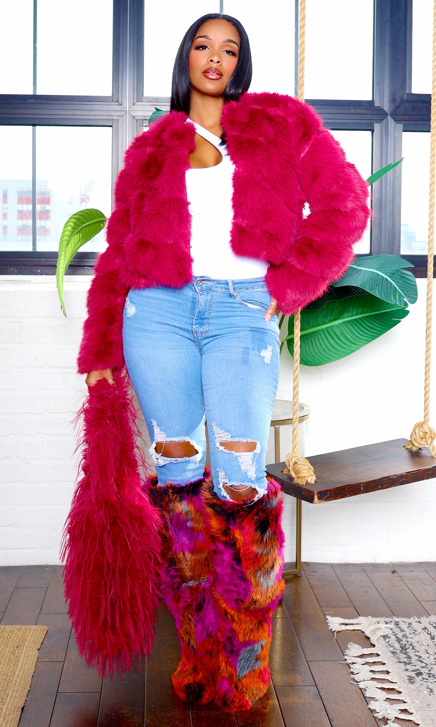 Faux Fur Zip Up Jacket  - Magenta