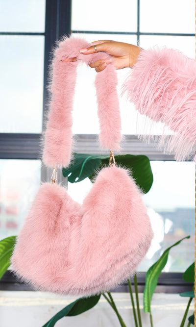 Faux Fur Shoulder Bag with Chain Strap - Skin Pink