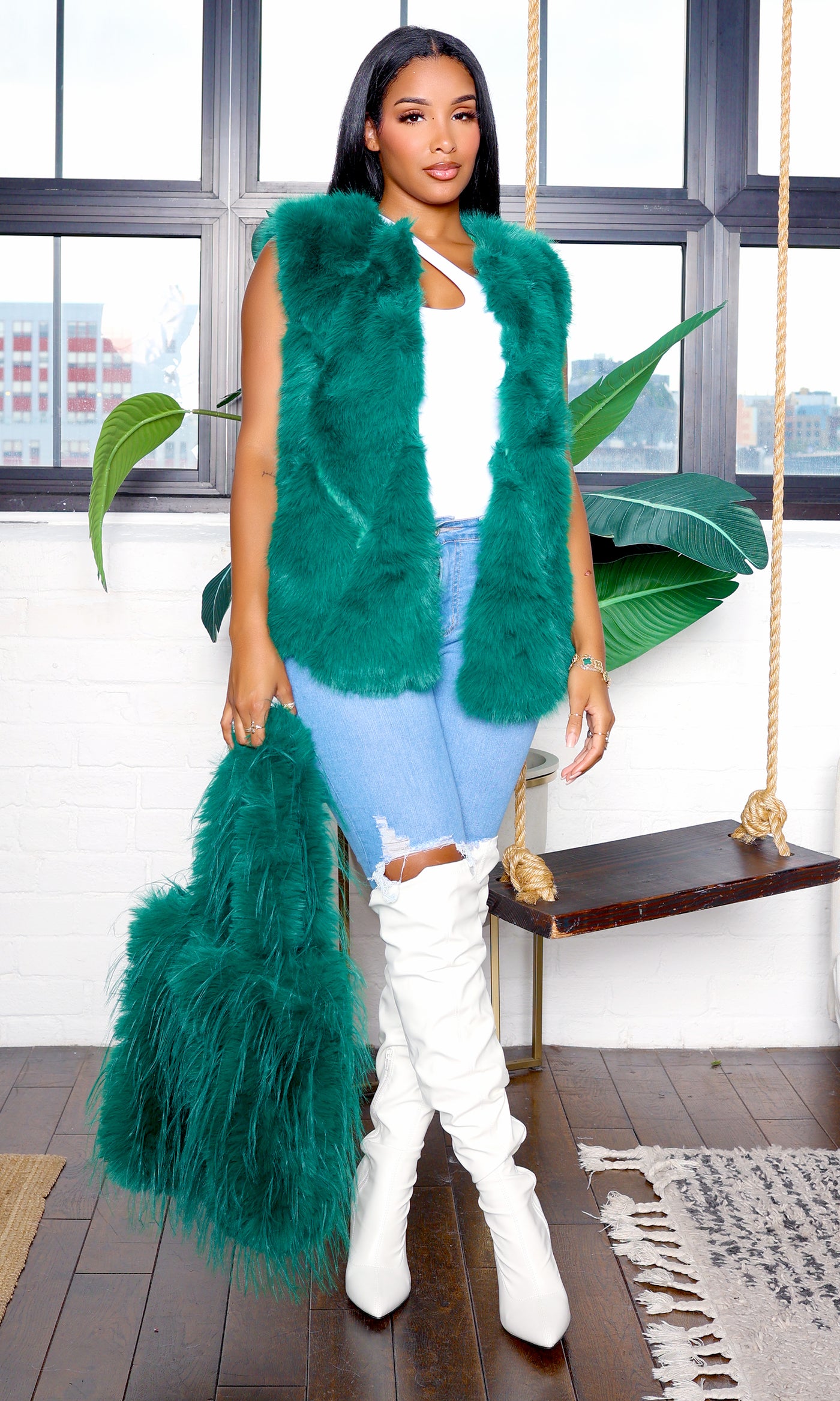 Frosted Luxe Fur Vest - Green