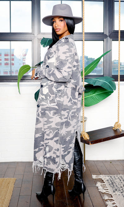 Camo Trench Coat - Grey