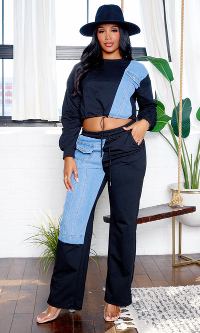 Jazzy | Denim Patchwork Matching Set - Black