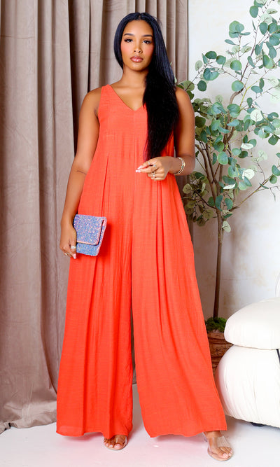 V-Neck Woven Jumpsuit - Orange