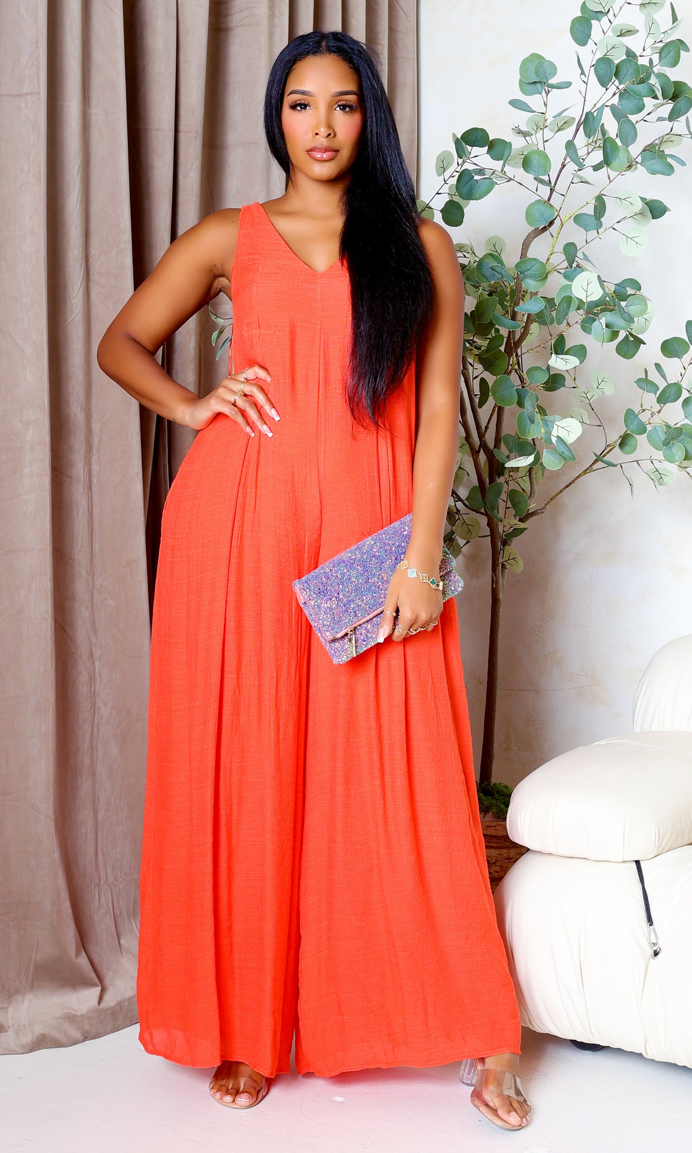 V-Neck Woven Jumpsuit - Orange