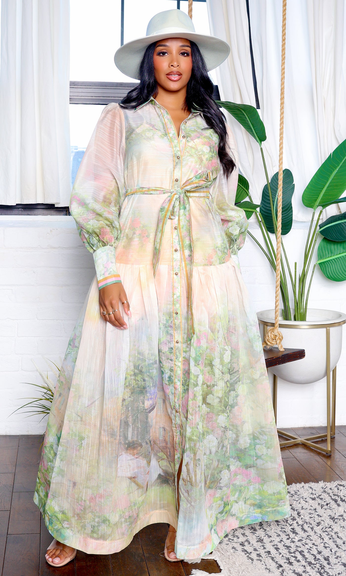 Emery | Floral Long Sleeve Belted Maxi Dress - Blush