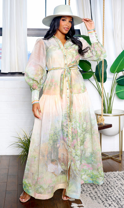 Emery | Floral Long Sleeve Belted Maxi Dress - Blush