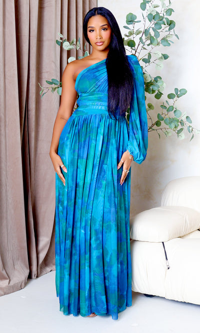 Naia | Mesh One-Sleeve Flowing Maxi Dress - Teal Multi