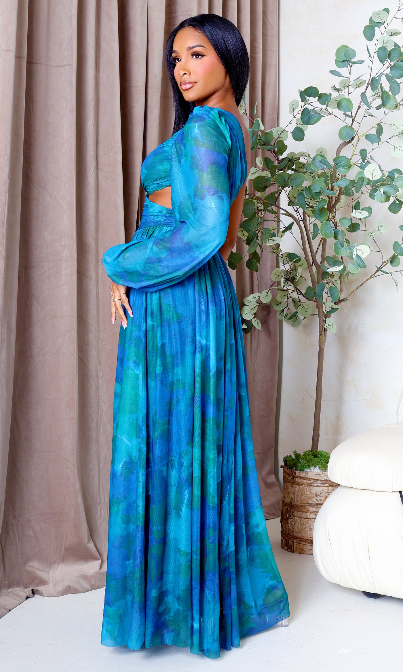 Naia | Mesh One-Sleeve Flowing Maxi Dress - Teal Multi