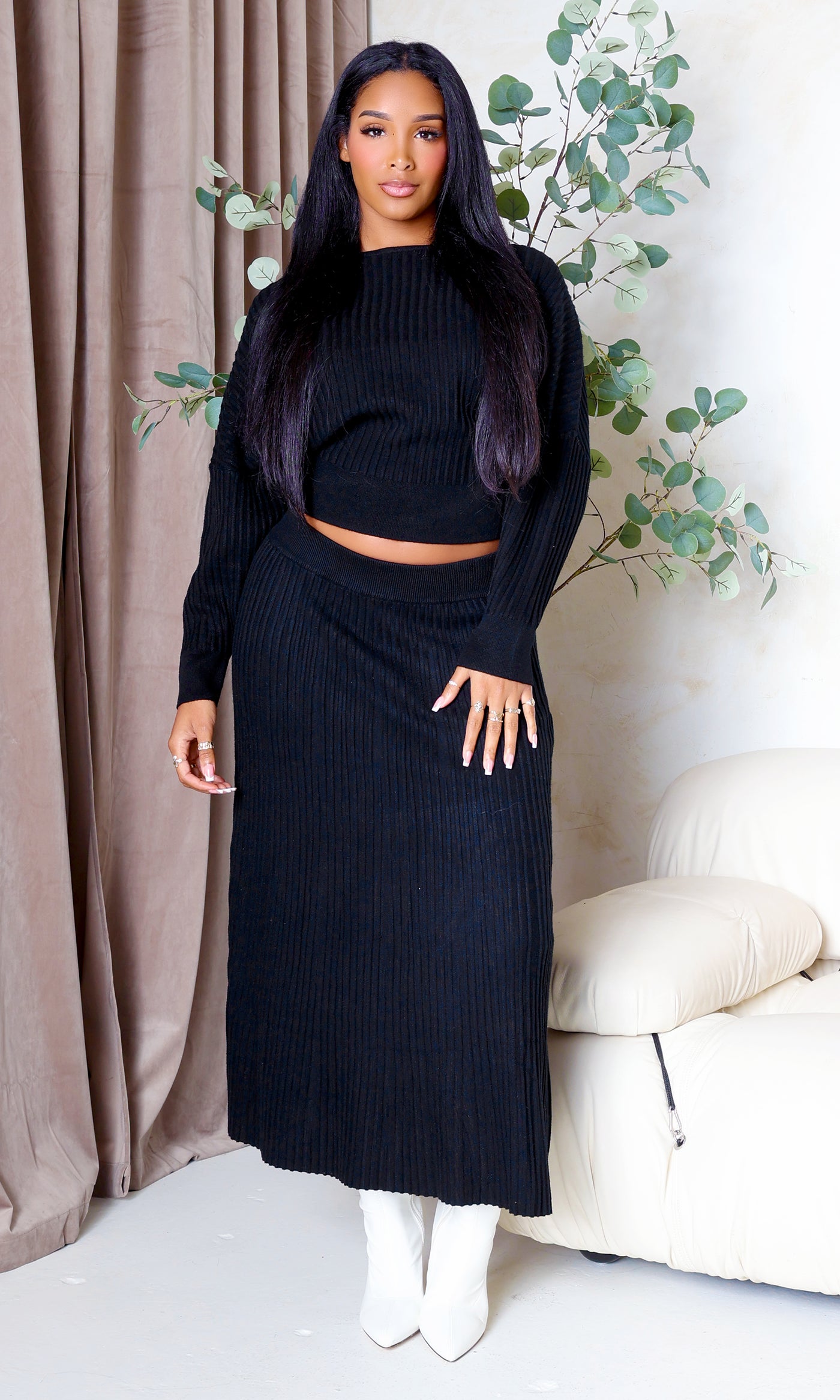 Nia | Boat Neck Sweater & Ribbed Knit Skirt Set - Black