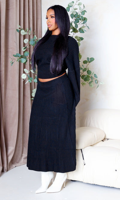 Nia | Boat Neck Sweater & Ribbed Knit Skirt Set - Black