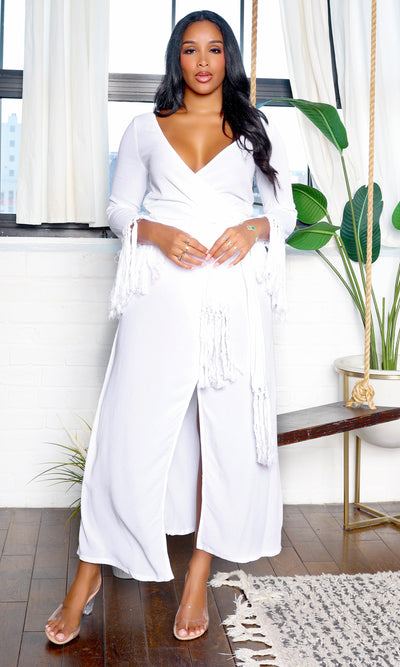 Dinah | Long Tassel Sleeve V-Neck Wrap Maxi Dress - White