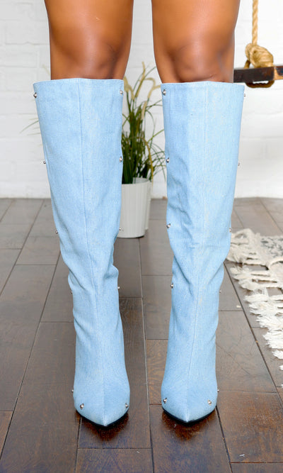 Ashley | Cool Girl Knee-High Draped Boots - Denim