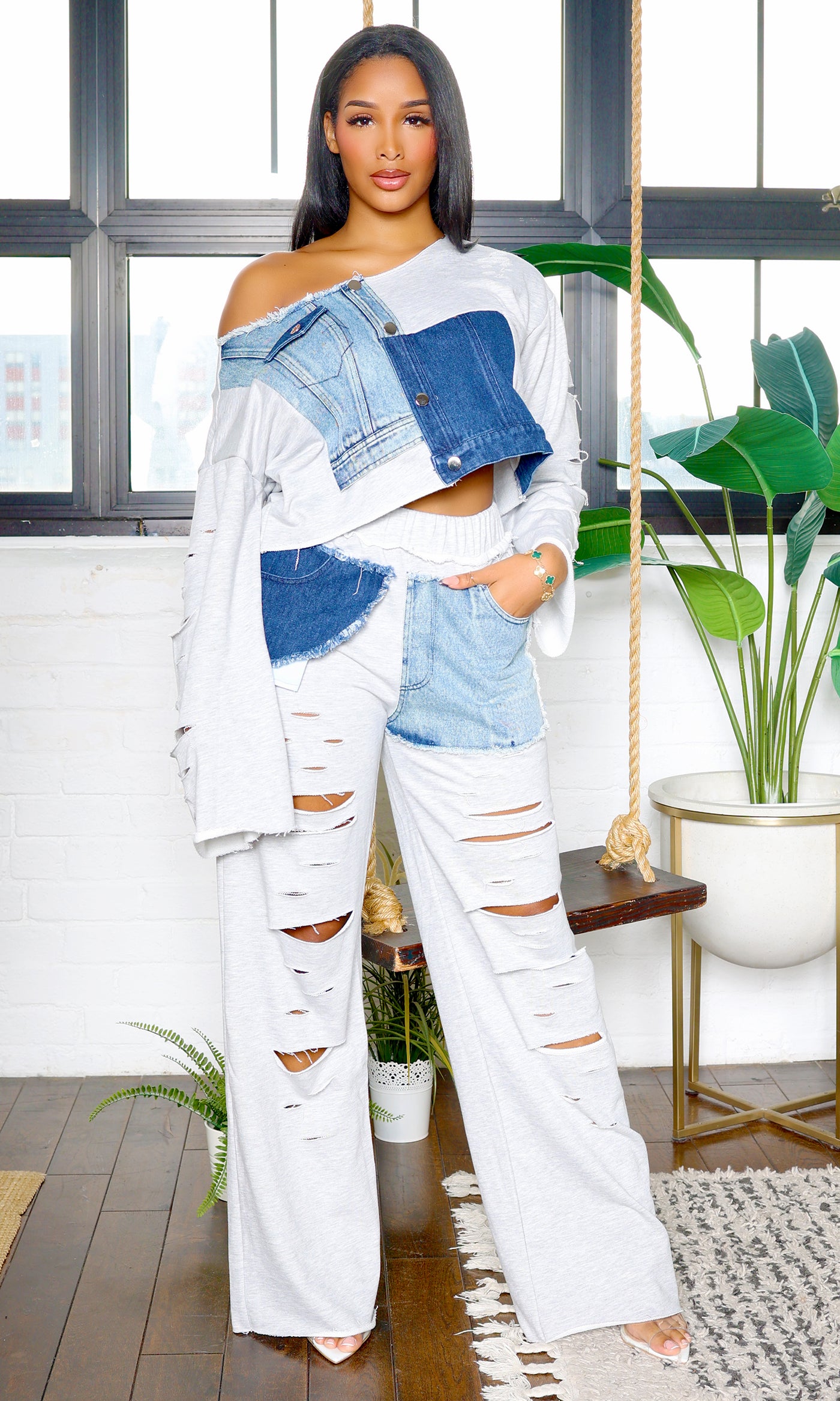 Mabel Distressed Denim Patchwork Set