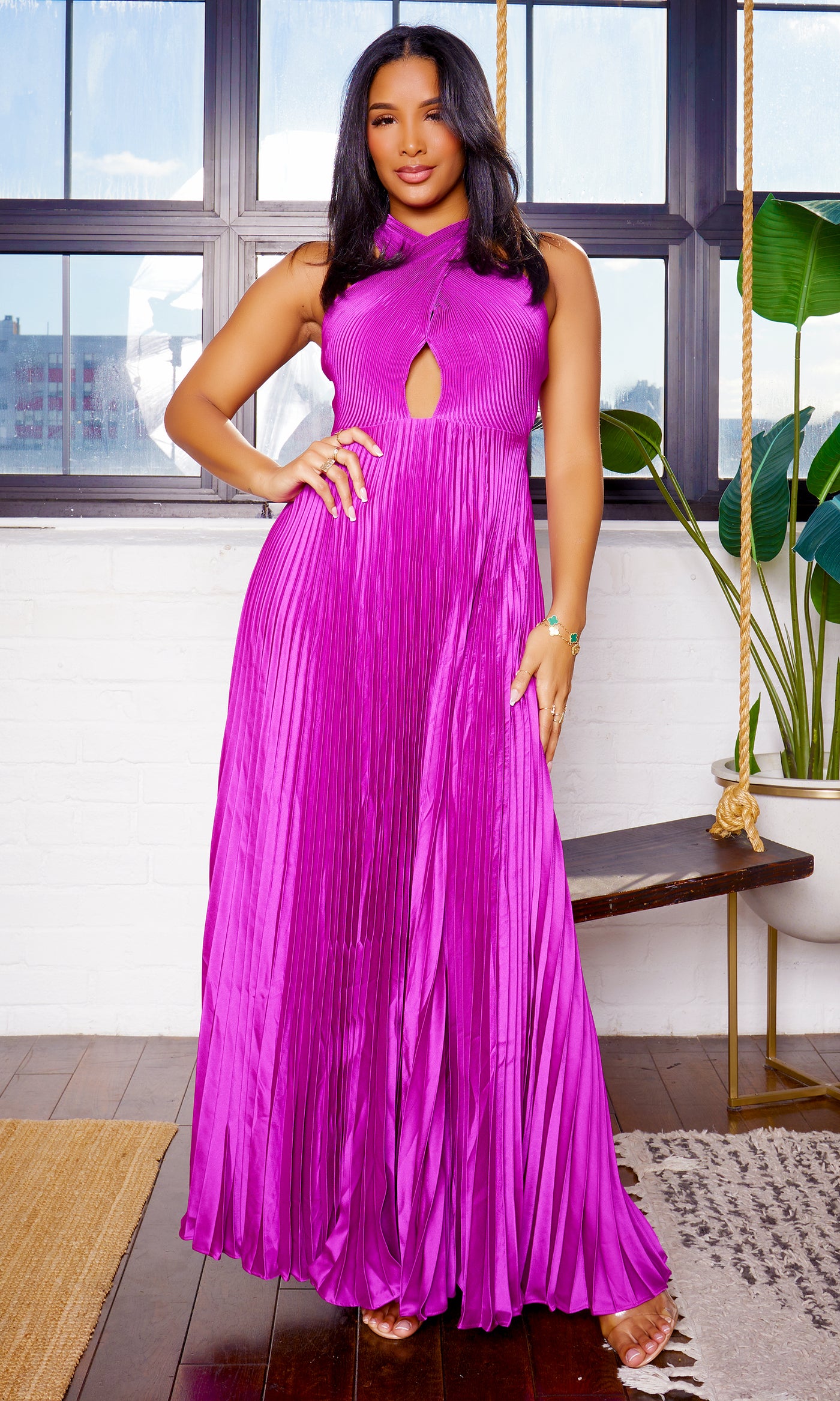 Kalifa Pleated Cross-Over Maxi Dress - Magenta