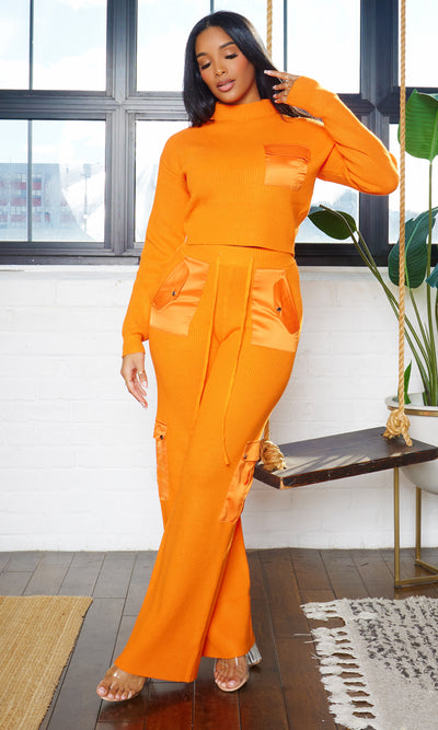 Gia Knit Crop Turtleneck Sweater & Pants Set - Orange