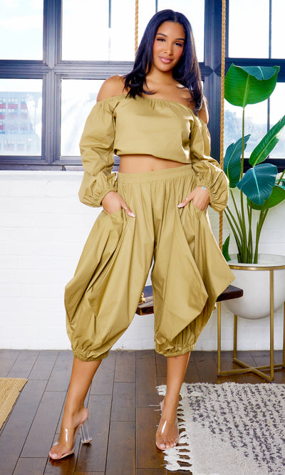 Erika Off-Shoulder Puff Long Sleeve & Puff Leg Pants Set - Olive