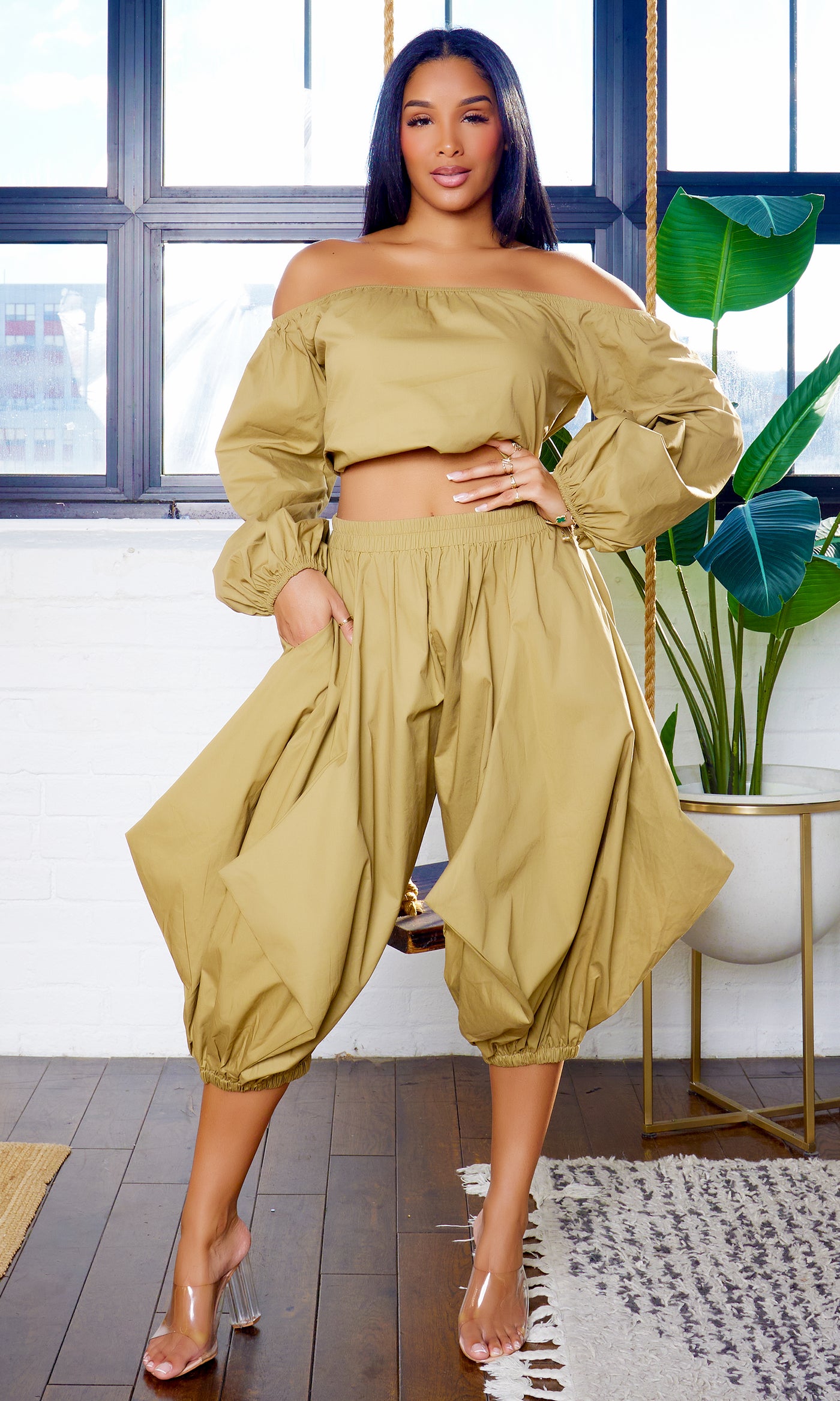 Erika Off-Shoulder Puff Long Sleeve & Puff Leg Pants Set - Olive