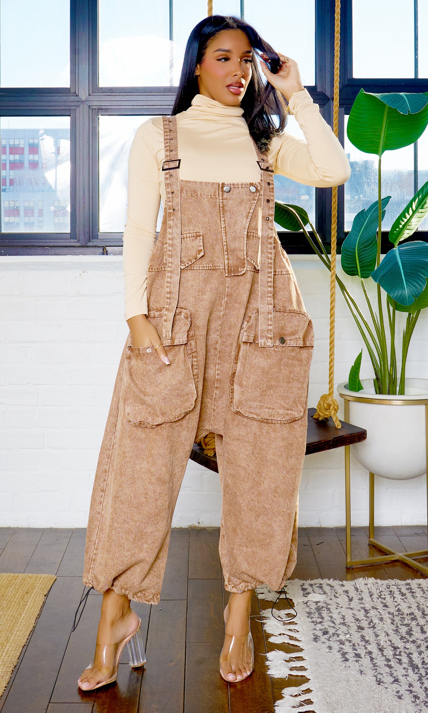 Harem Denim Overall Jumpsuit - Dark Brown