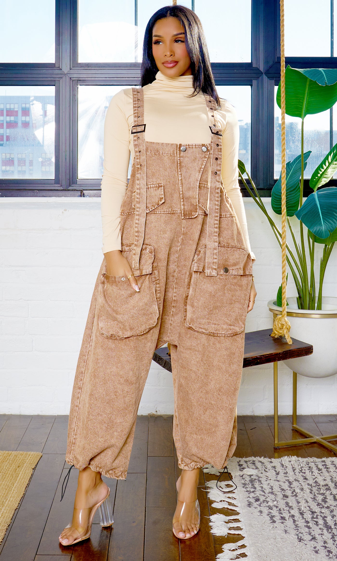 Harem Denim Overall Jumpsuit - Dark Brown