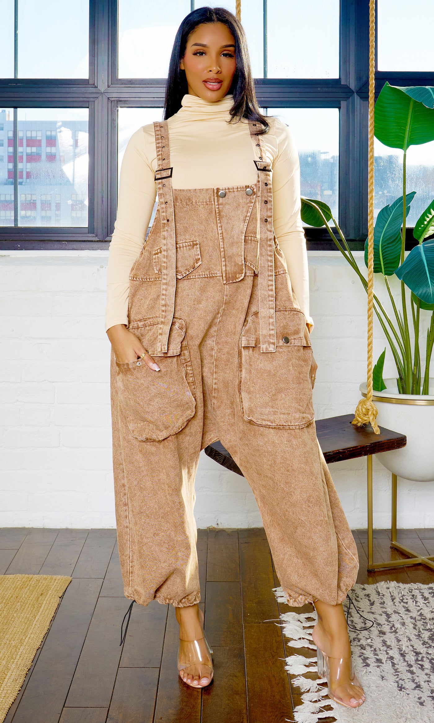 Harem Denim Overall Jumpsuit - Dark Brown