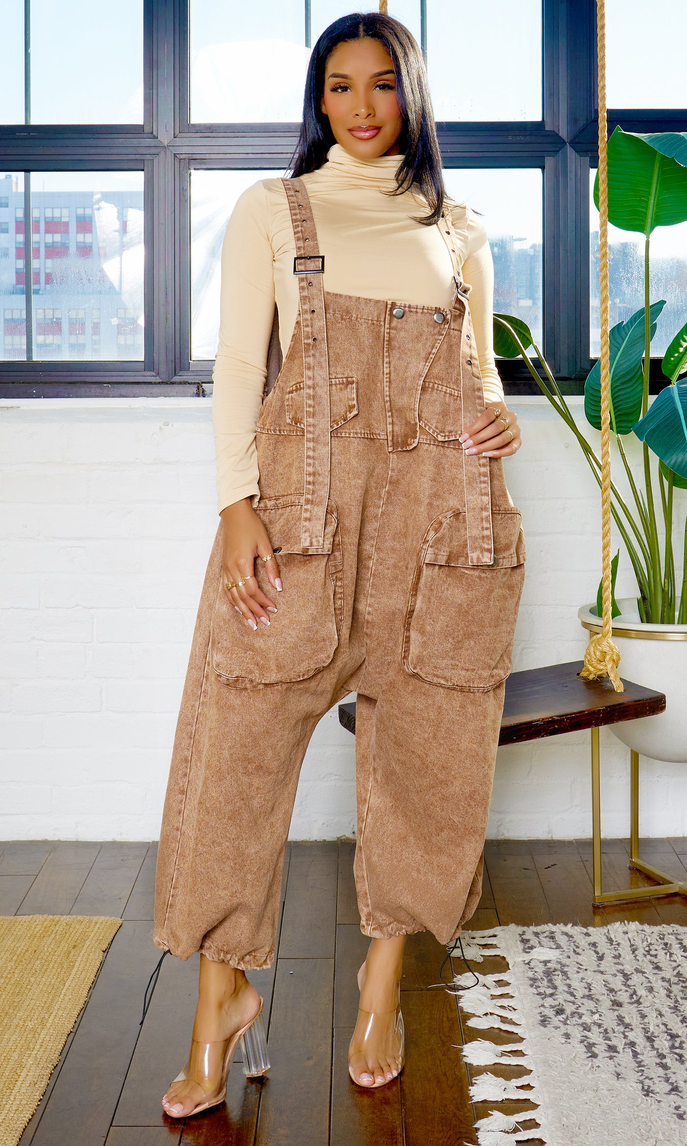 Harem Denim Overall Jumpsuit - Dark Brown