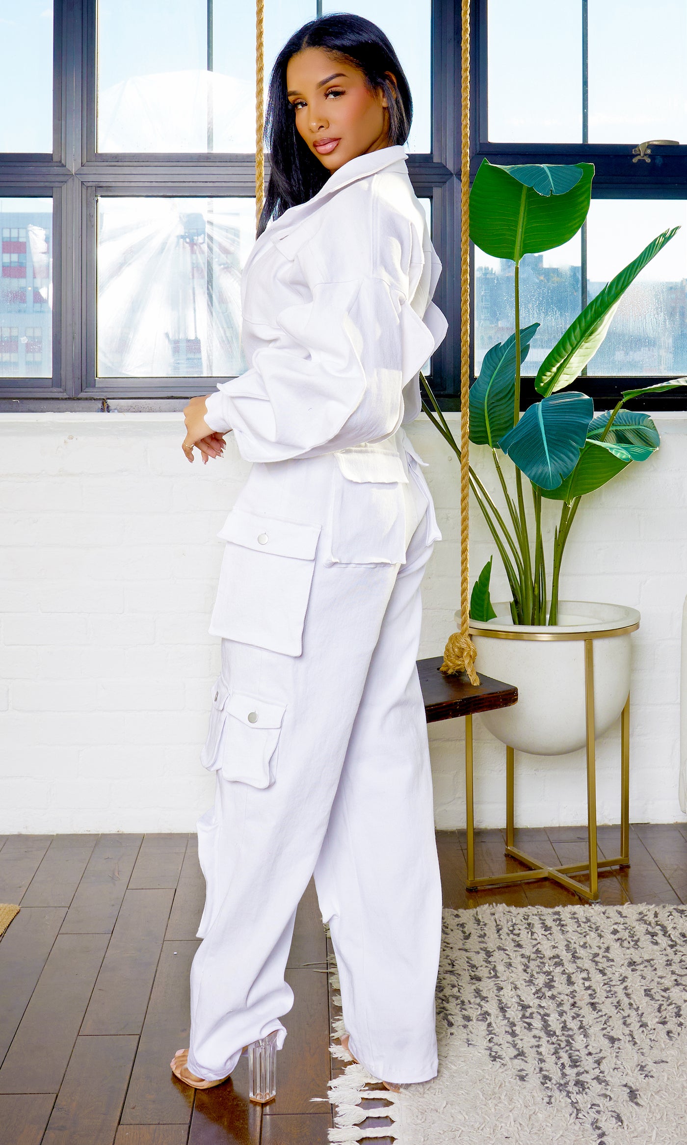 Long Wave Sleeve Cargo Jumpsuit - White PREORDER Ships Mid April