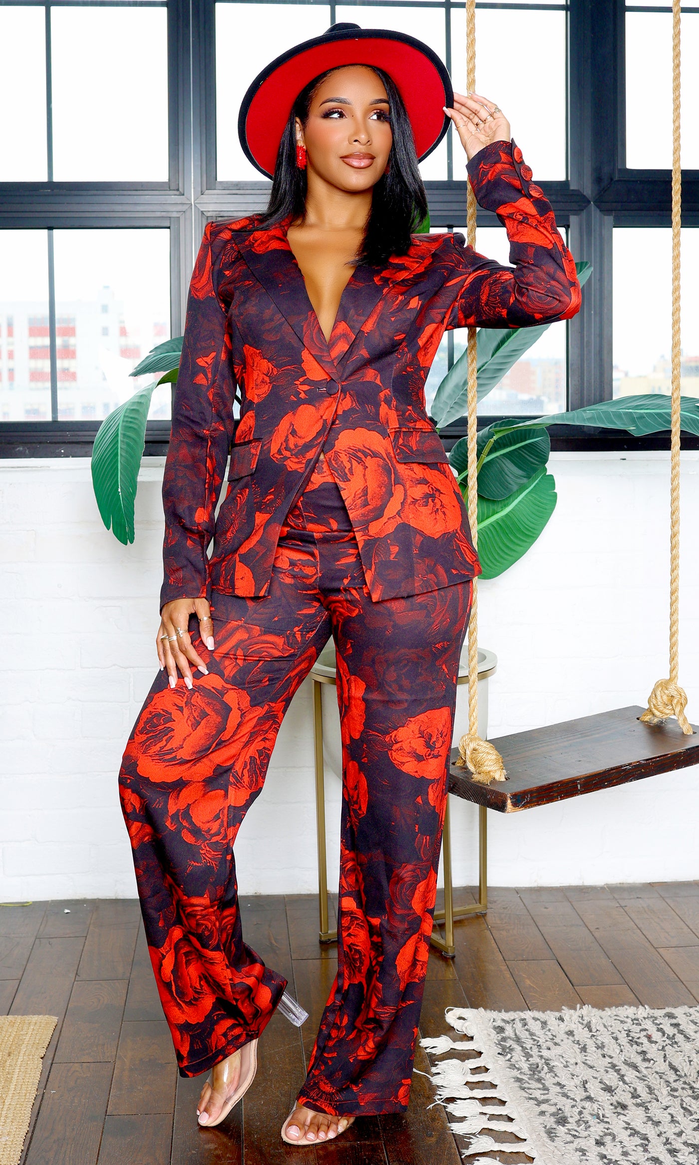 Peyton | Bold Red Rose Pants Suit