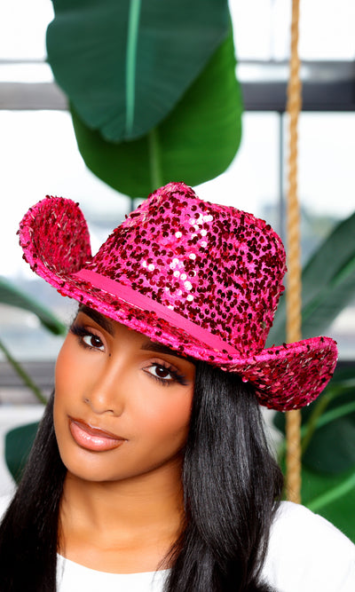 Sparkling Western Charm | Sequin Cowgirl Hat - Pink