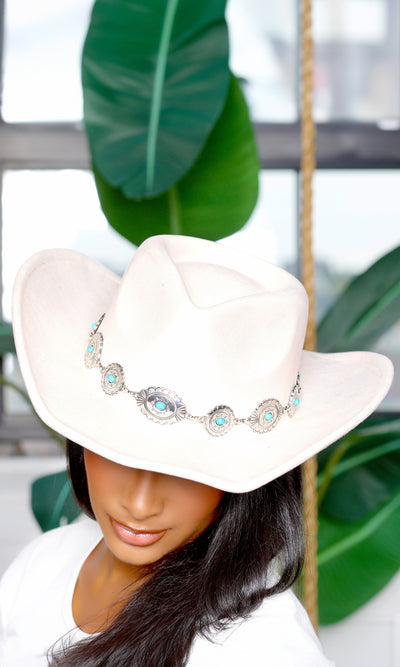 Boho Turquoise & Oval Decor Fedora Hat - White