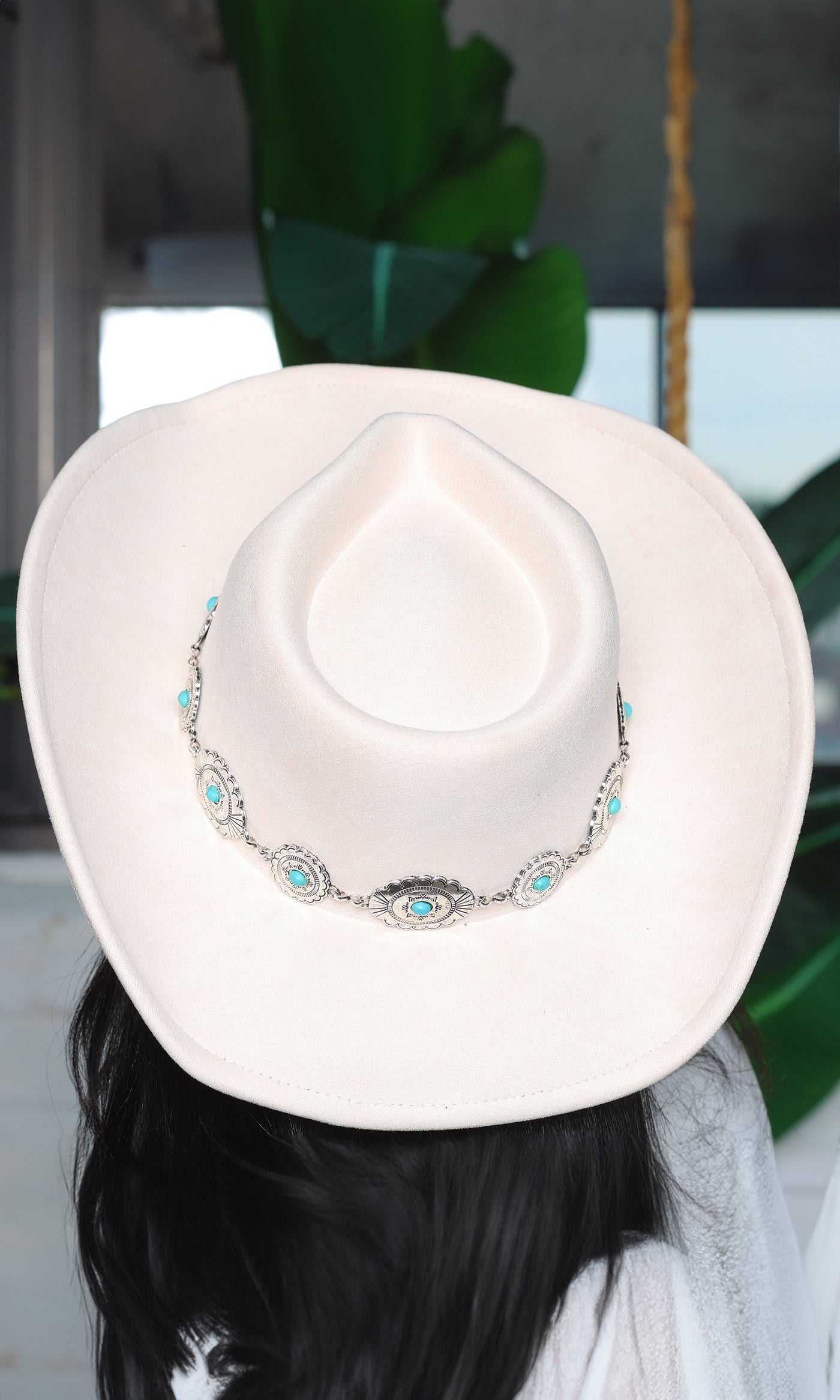 Boho Turquoise & Oval Decor Fedora Hat - White