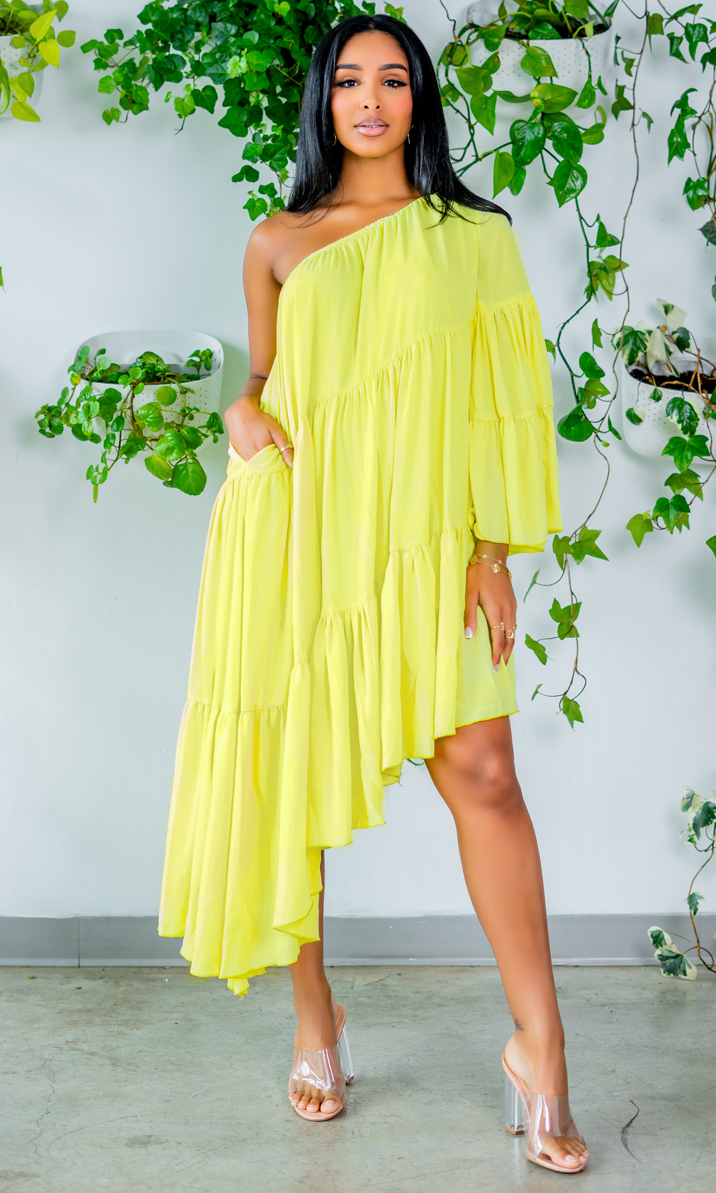 Asymmetrical One Sleeve Lime Dress PREORDER Ships Early May - Cutely Covered