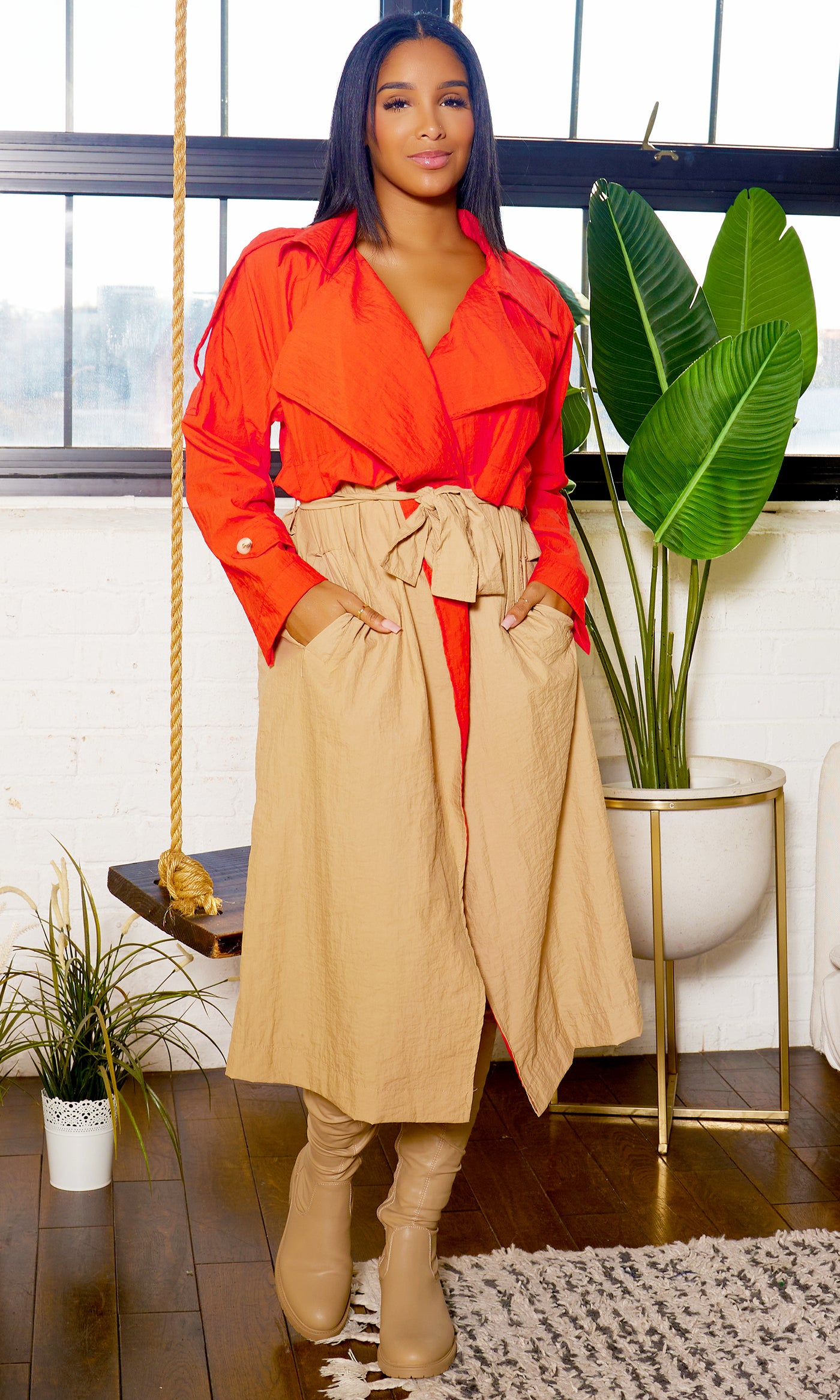 Showstopper | Color Block Trench Coat - Orange Tan FINAL SALE