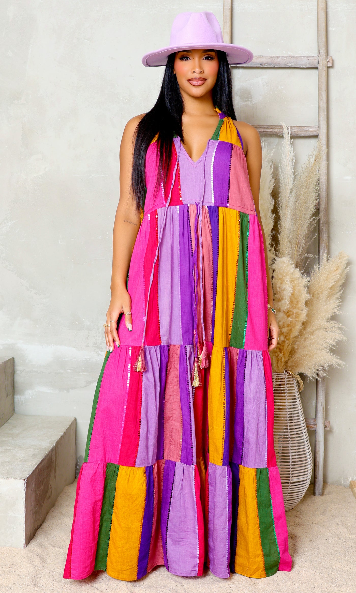 Rainbow Delight V-Neck Tie Dress - Multicolor