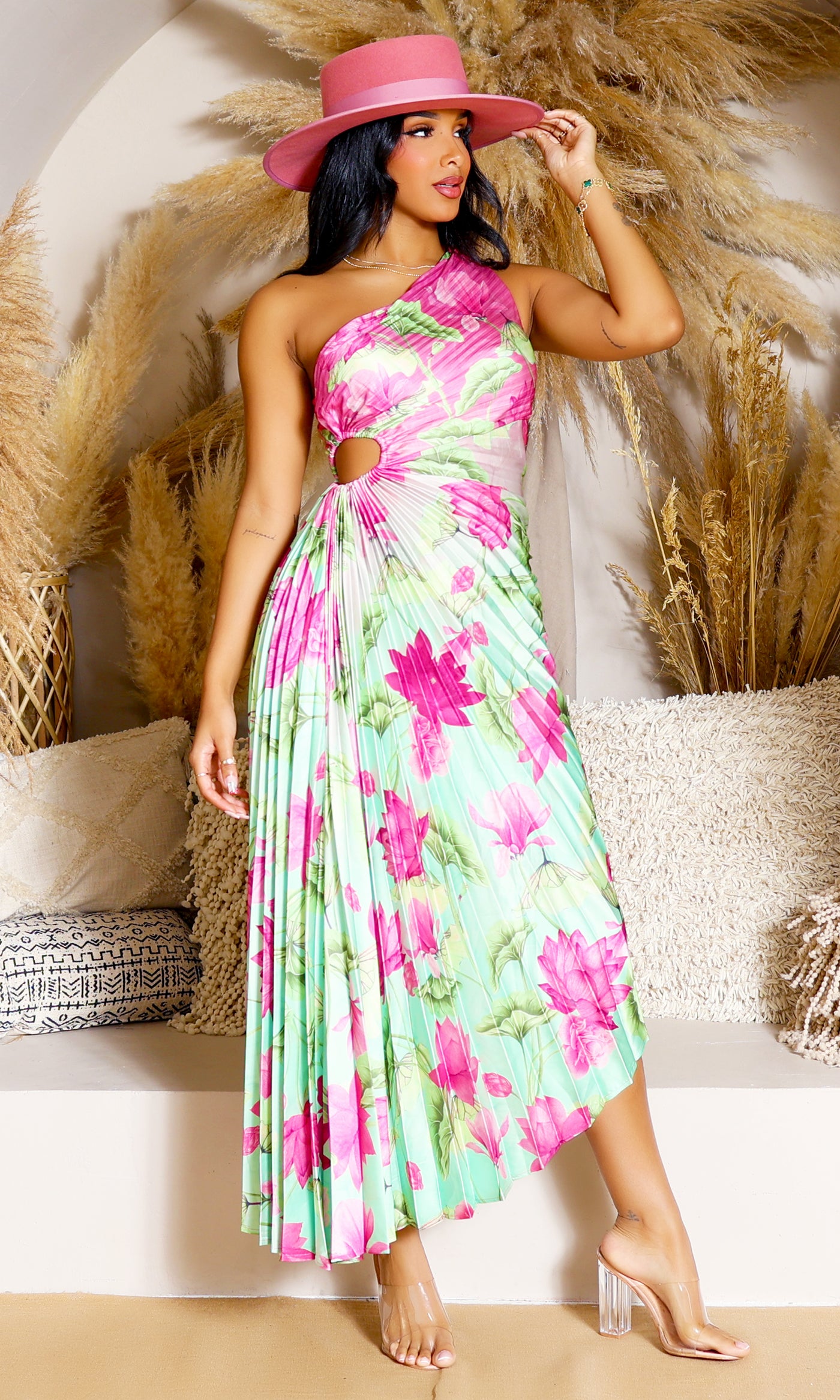 Gorgeous  | One-Shoulder Cutout Asymmetrical Dress - Pink Lime