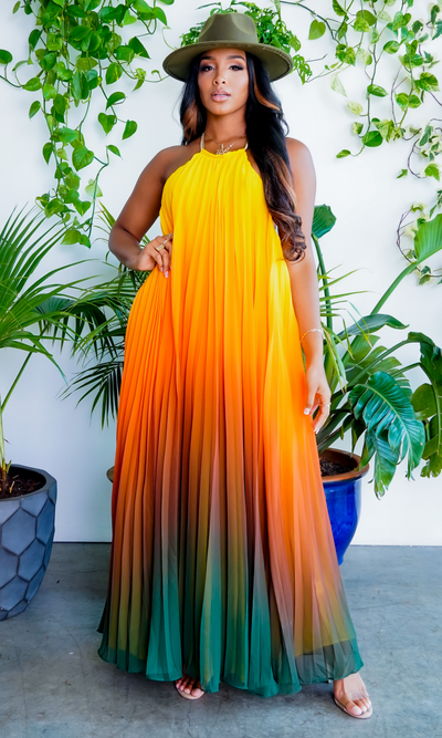 Ombre Sunset Pleated Halter Dress | Maxi Dress - Cutely Covered