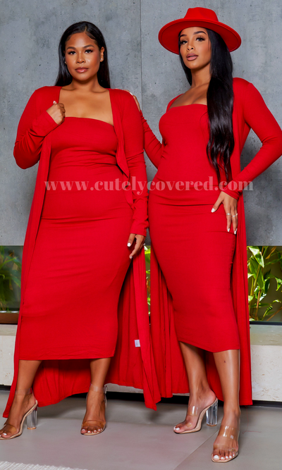 Slay Bae | Cardigan Dress Set - Red (3/4 sleeve) PREORDER Ships June 30th - Cutely Covered