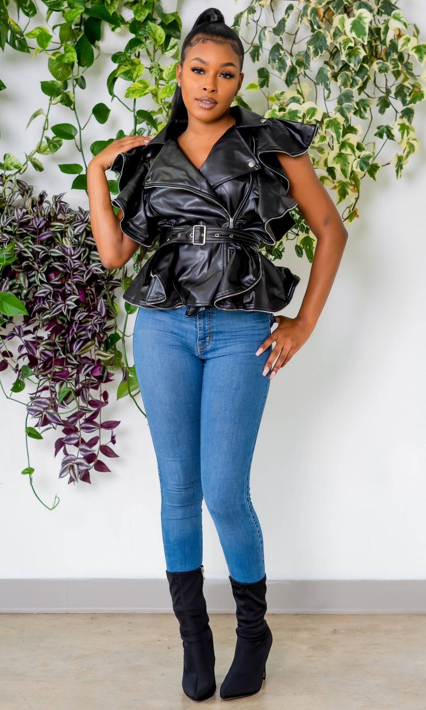 Going Live Sleeveless Vegan Leather Ruffle Jacket - Black - Cutely Covered