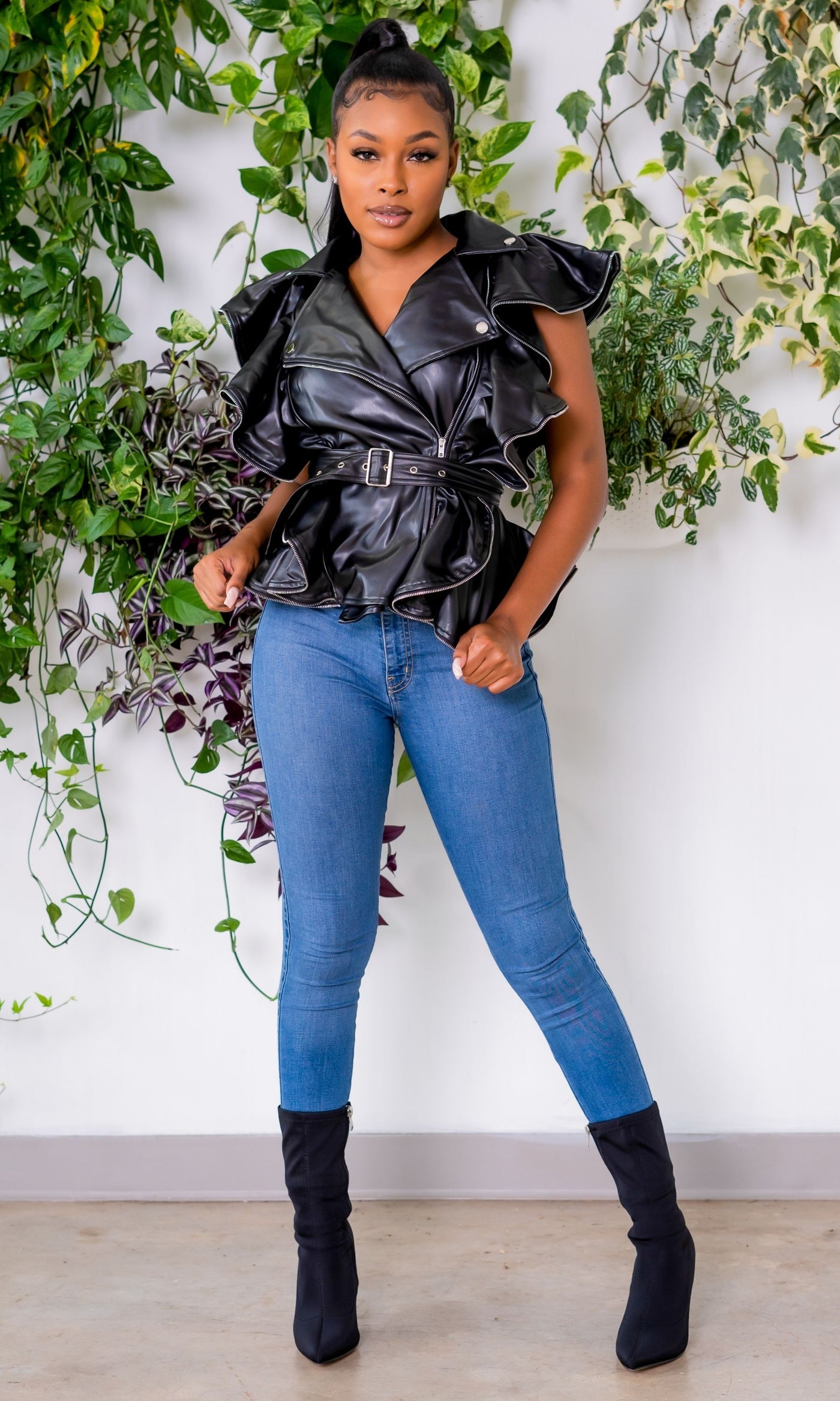 Going Live Sleeveless Vegan Leather Ruffle Jacket - Black - Cutely Covered