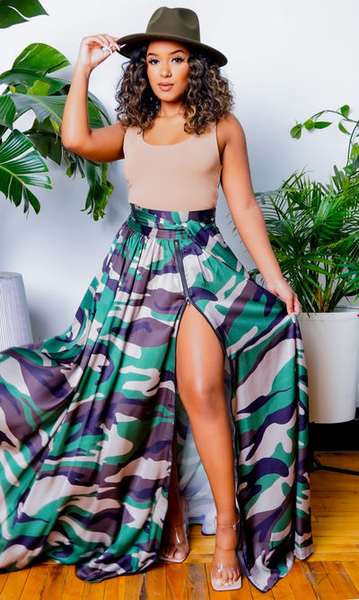 Camo Olive Multi Printed Maxi Skirt - Cutely Covered